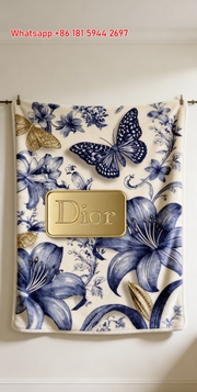 Dior Blue Floral Butterfly Flannel Throw Blanket D189